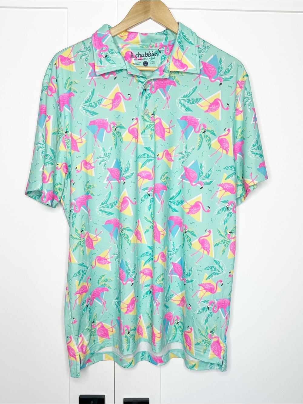 Chubbies The Weekend Has Arrived Polo Shirt Large Flamingo Tropical UPF 50 golf
